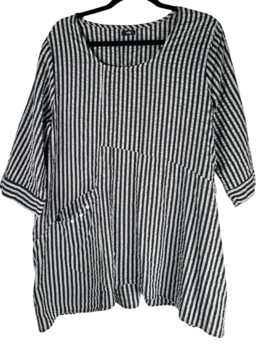 Tulip Black White Striped Seersucker Cotton Asymmetrical Lagenlook Top Large